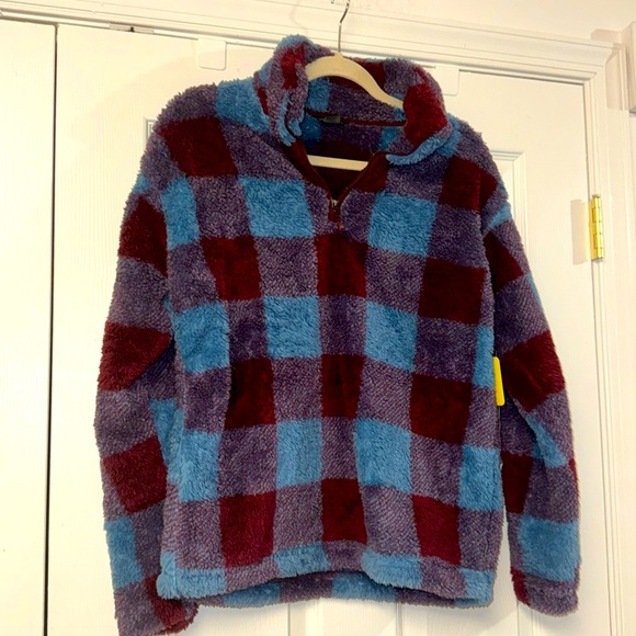 Eddie Bauer Jackets & Blazers - NWT Eddie Bauer women’s blue purple plaid plush 1/4 zip sweatshirt jacket S